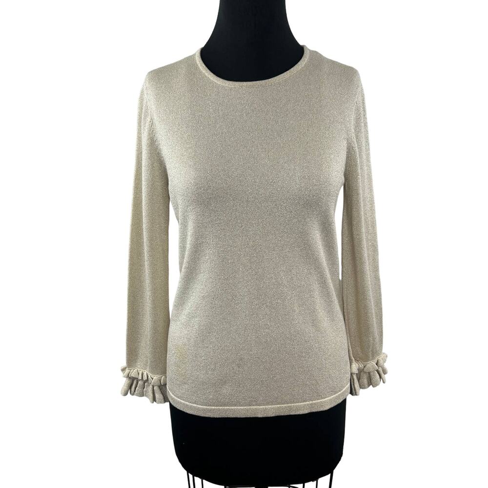 J. McLaughlin Beige Shimmer Metallic Gold Ruffle Cuff Long Sleeve Knit Top M